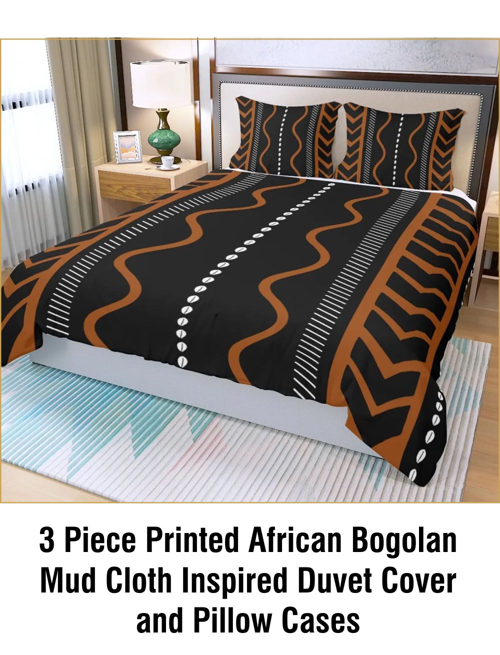 3 Piece Printed African Bogolan Mud Cloth Inspired Duvet Cover and Pillow Cases