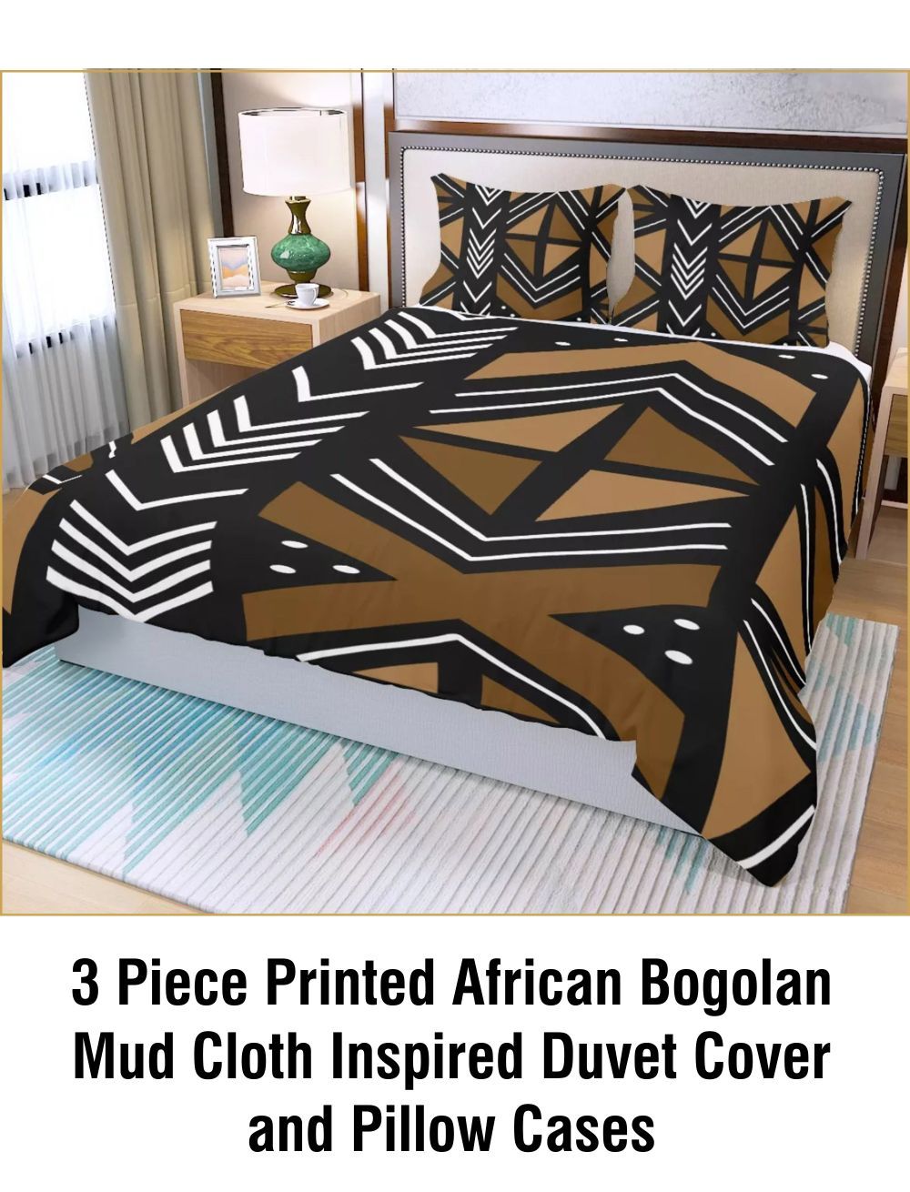 3 Piece Printed African Bogolan Mud Cloth Inspired Duvet Cover and Pillow Cases