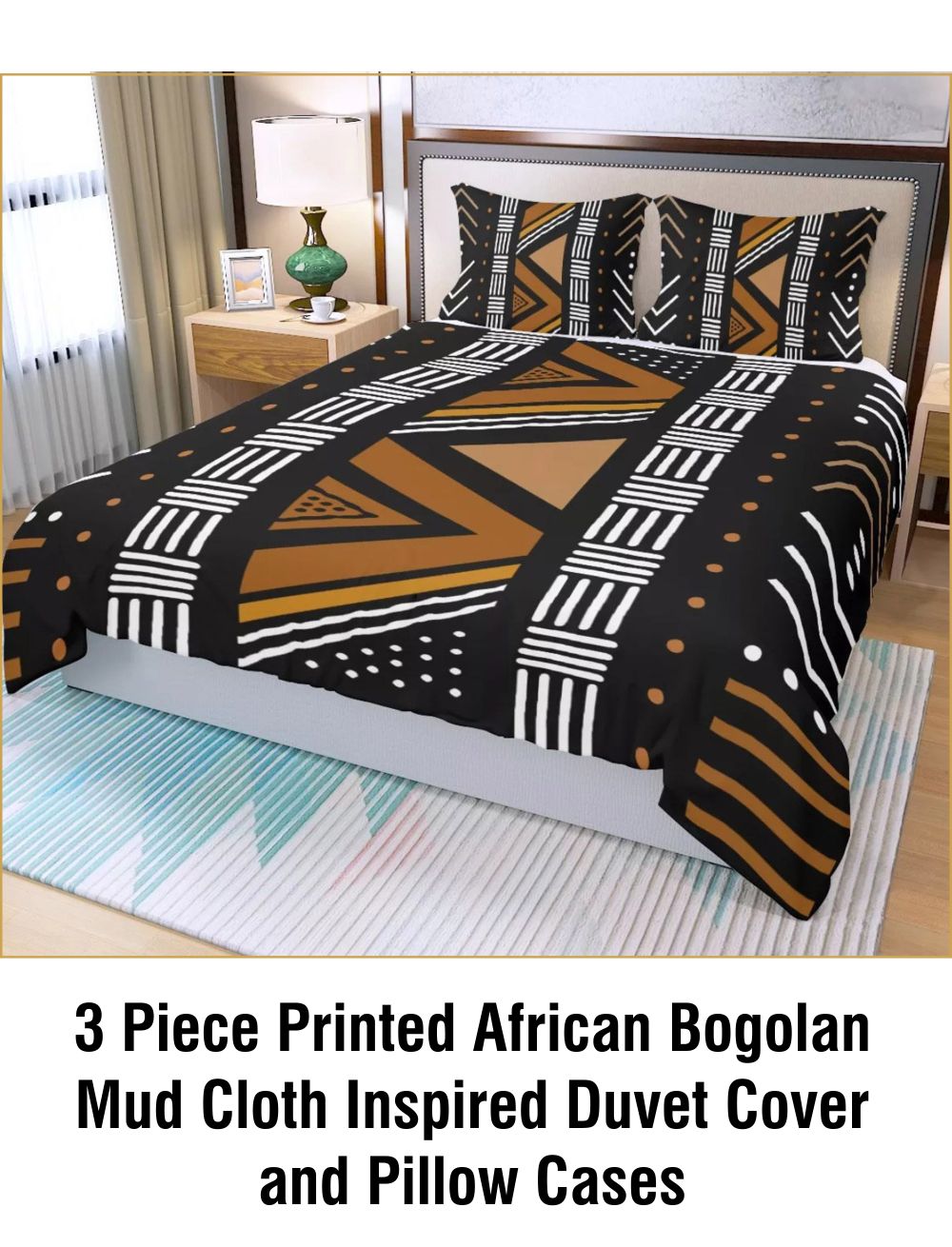 3 Piece Printed African Bogolan Mud Cloth Inspired Duvet Cover and Pillow Cases