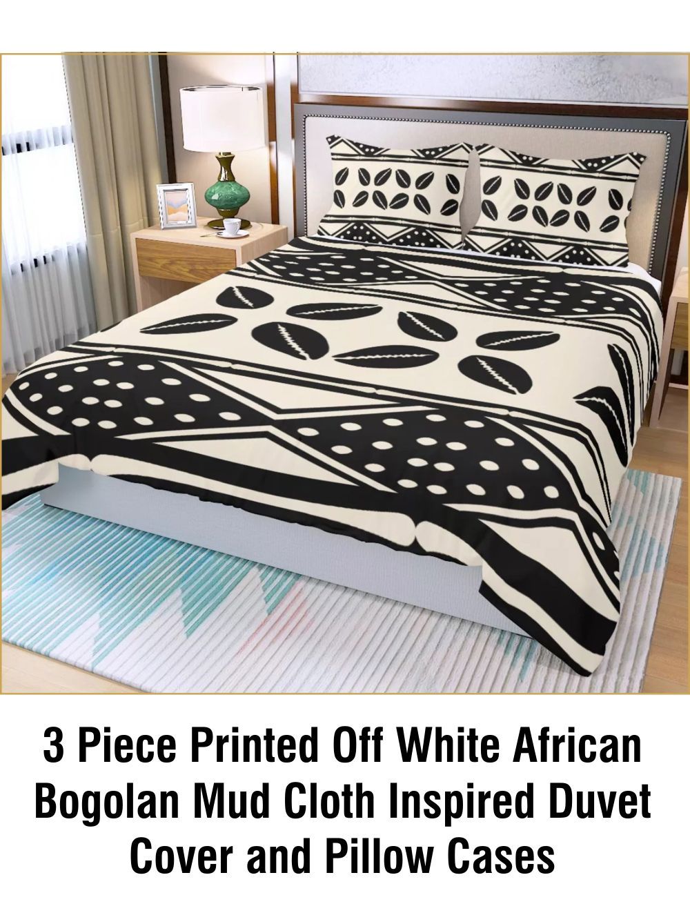 3 Piece Printed African Bogolan Mud Cloth Inspired Duvet Cover and Pillow Cases