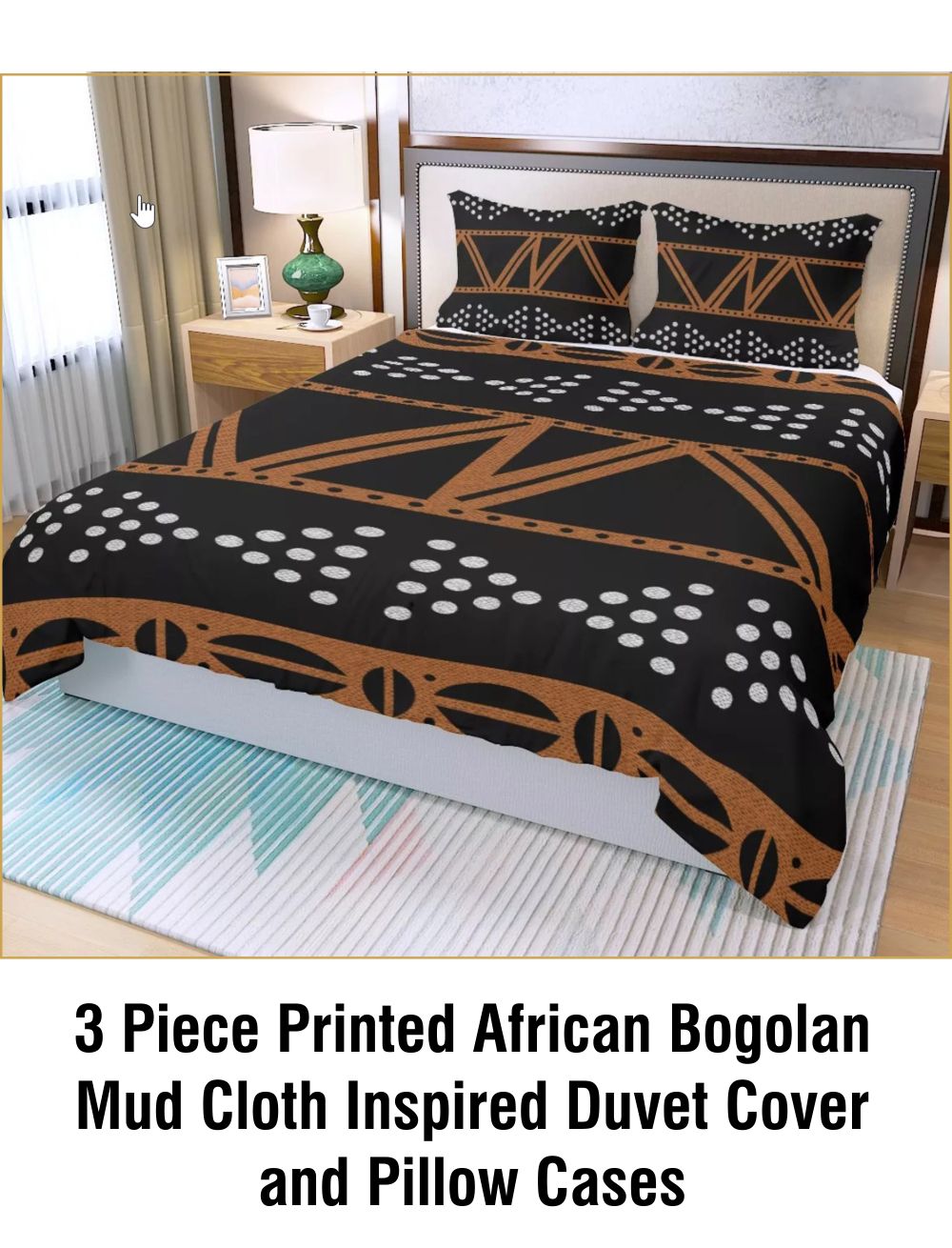 3 Piece Printed African Bogolan Mud Cloth Inspired Duvet Cover and Pillow Cases