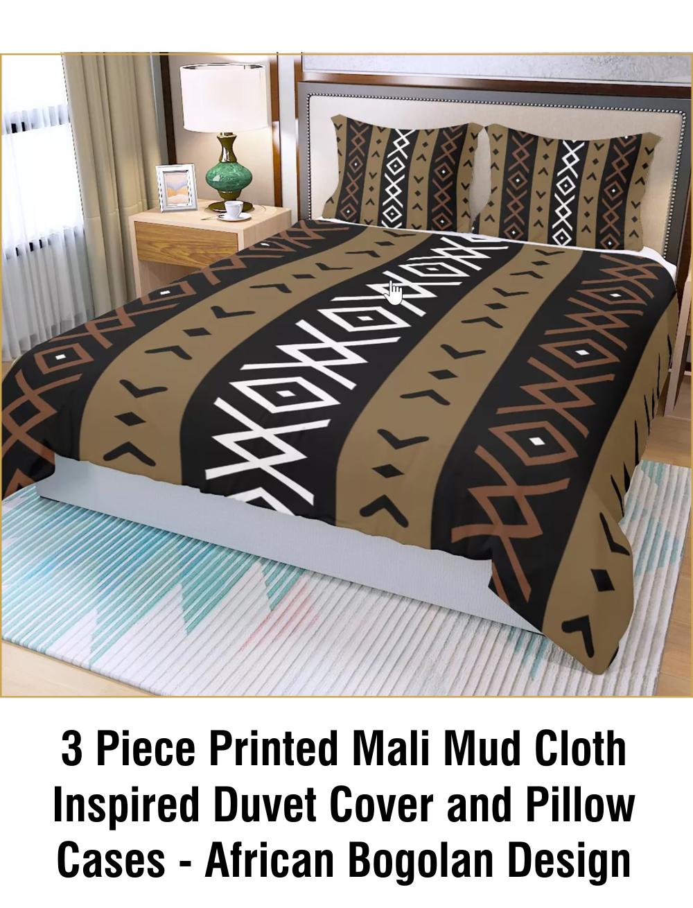 3 Piece Printed Mali Mud Cloth Inspired Duvet Cover and Pillow Cases - African Bogolan Design