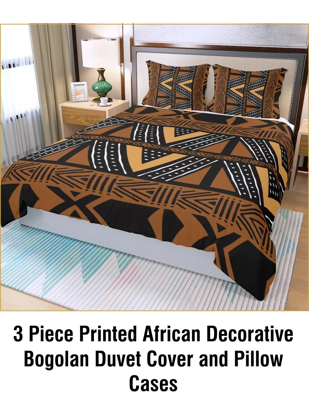 3 Piece Printed African Bogolan Mud Cloth Inspired Duvet Cover and Pillow Cases